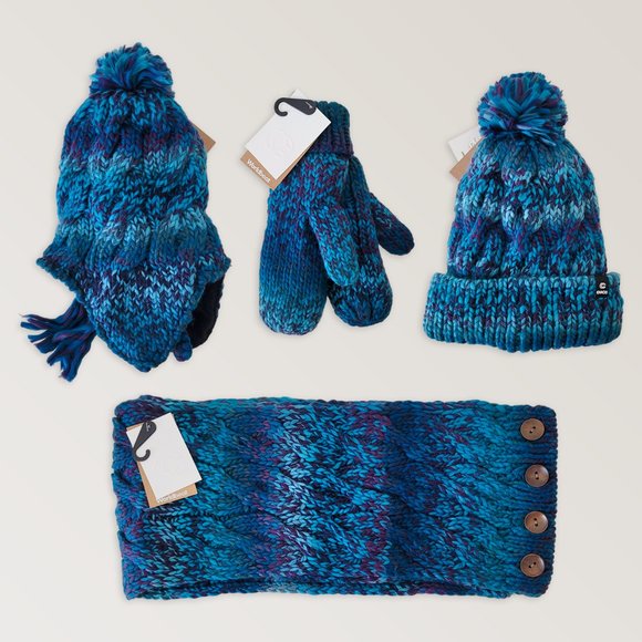 Chaos Accessories - Blue Beanie Toque, Pompom Hat, Gloves, Scarf, Cable Knit Warm Matching Set